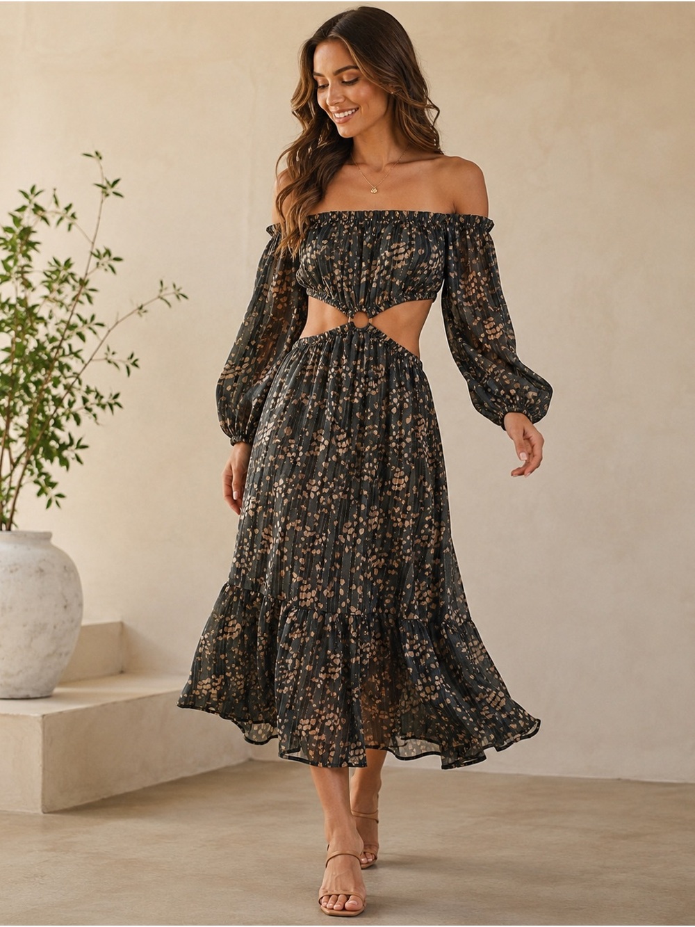 Endless Blu Cutout O-Ring Maxi Dress Brown Gold Boho Long Sleeve S